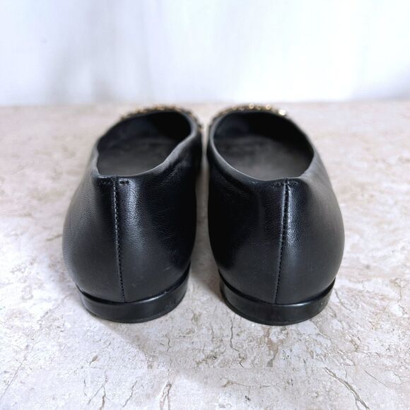 Stuart Weitzman Shoes 6.5 Black Leather Ballet Flats GOLD CHAIN Accent Quilted - Picture 6 of 10